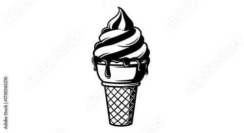 A black and white illustration of a swirled ice cream cone with dripping chocolate.