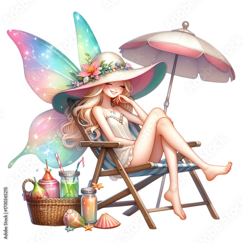 A stylish cartoon woman with a pink umbrella and a cocktail on a sunny beach, smiling on her summer vacation