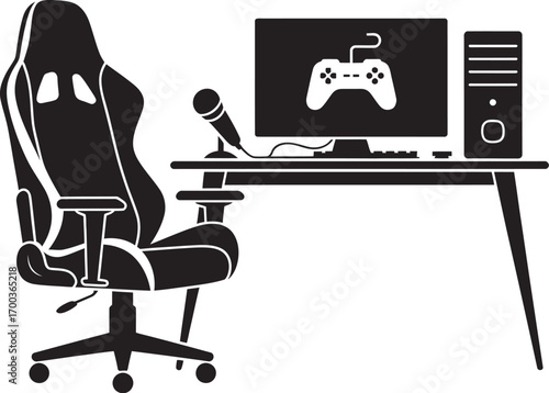 Gaming setup with ergonomic chair, desktop computer, microphone, and controller on a desk, ideal for streamers and gamers