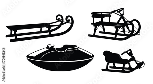 Four silhouette sleds of various designs for winter fun snow sports and outdoor activities vector