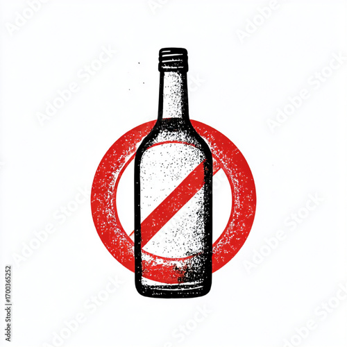 Textured outline icon of an alcohol bottle with a red prohibition sign, black, white, and red, representing no alcohol policy with copy space