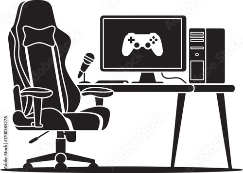 Gaming Setup Ergonomic Chair, Computer, and Microphone for Enhanced Gameplay