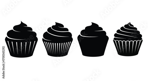 Four black cupcakes with swirled frosting in a row on white seamless background vector