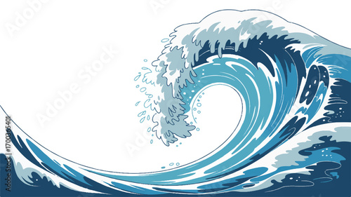A stylized vector illustration of a breaking ocean wave in shades of blue and white