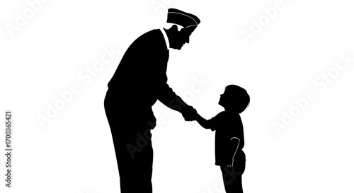 Silhouette of a man in uniform shaking hands with a young child, a gesture of connection.