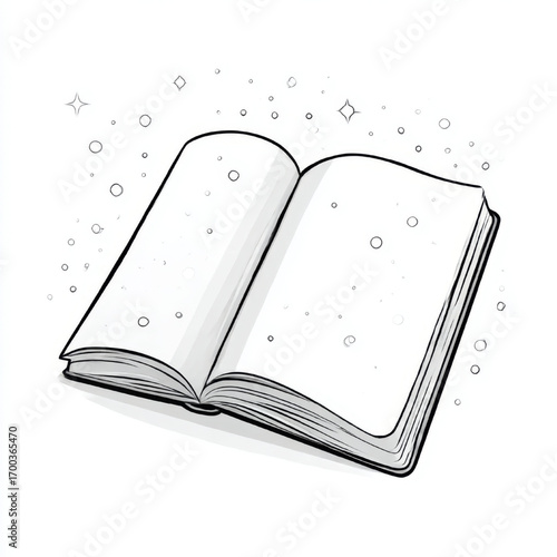 Open book with blank pages and sparkles, black and white, representing magic and imagination with copy space