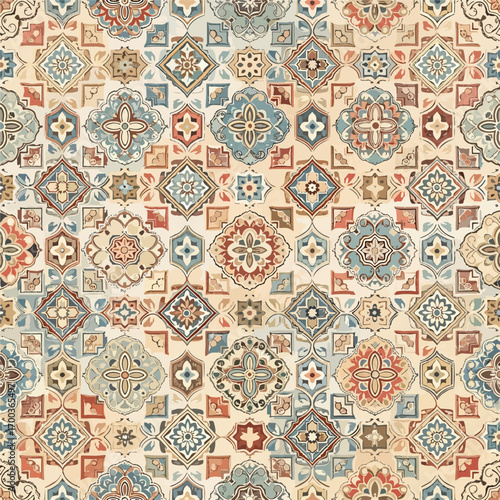 Ornate ceramic tile pattern with vintage floral and geometric designs, seamless pattern, Stock royalty.