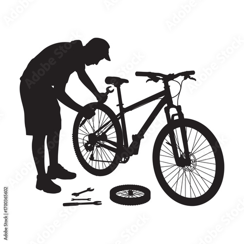 Silhouette vector illustration of a cyclist repairing a mountain bike. Man performing maintenance on his bicycle with tools and a detached wheel