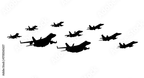 Silhouette of a squadron of fighter jets flying in formation against a white background.