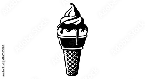 Simple black and white illustration of a chocolate-drizzled ice cream cone.