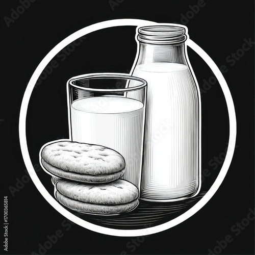 Engraved style milk and cookies, white lines, representing comfort food and simple pleasures in a circle on a black background with copy space