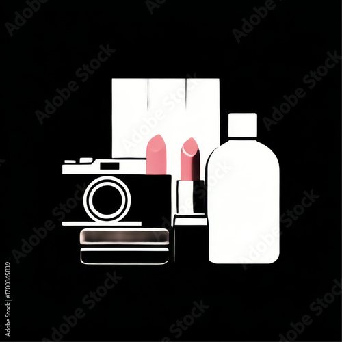 Stylized flat lay of beauty and creative items, white and pink, representing modern lifestyle and self-expression on a black background with copy space