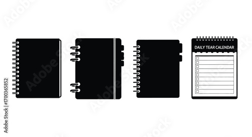 Collection of four black notebooks and a spiral-bound sketchpad icons isolated on white vector