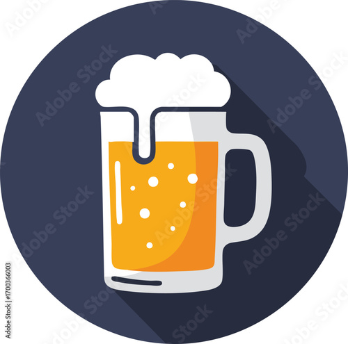 Glass mug with foam and liquid in a dark circle with shadow