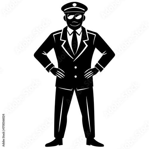 silhouette of a pilot man standing tall with cap