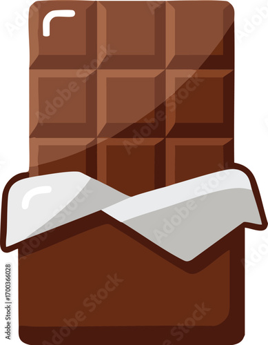 A bar of brown chocolate in silver foil, candy isolated on white