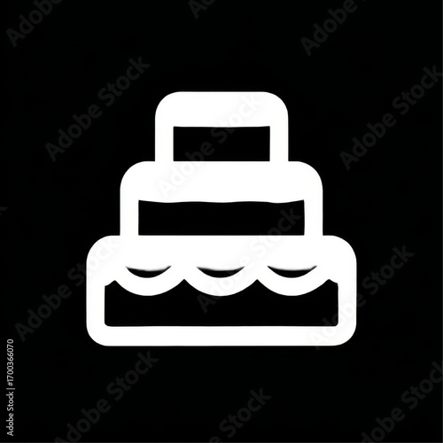 Outline icon of a tiered cake with frosting, white lines, representing celebration and sweet treats on a black background