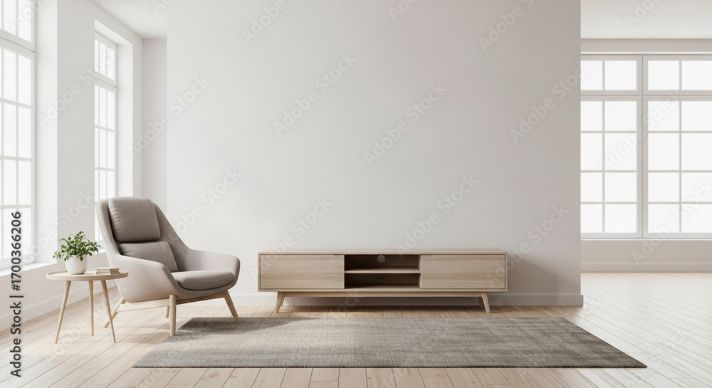 Fototapeta premium Empty living room mockup a cabinet for TV with armchair in living room with white color wall- 3D rendering