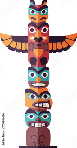 Colorful illustration of a totem pole with animal faces on white