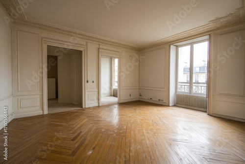 Empty classic apartment interior with white walls ornate ceiling panel molding herringbone wood floor bright natural light tall window doorways.