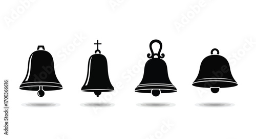 Collection of four silhouette bells with ringing sound effect graphics isolated on white vector
