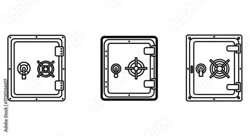Three detailed line art diagrams of vintage security safes with combination locks vector