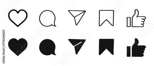 Set of generic social media user interface icons. Like, comment, share and save icons. Social media flat icons. Vector, flat outline icon isolated on white, 