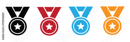 Illustration of four medals, each in a different color black, red, blue, and orange, all featuring a star in the center, symbolizing achievement and recognition