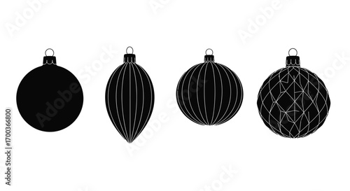 Four black christmas ornaments in various shapes hanging on white surface vector