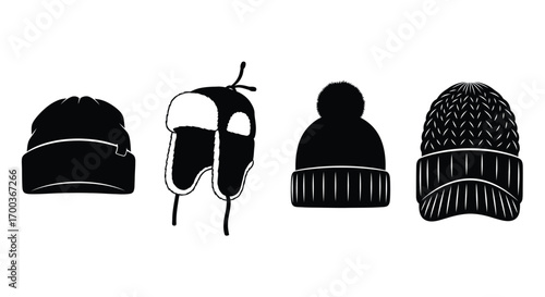Collection of four distinct winter hats for cold weather protection and fashion vector