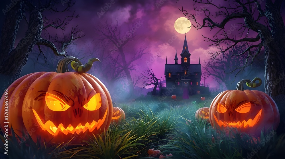 Fototapeta premium Halloween background with pumpkins and haunted house - 3D render. Halloween background with Evil Pumpkin. Spooky scary dark Night forest. Holiday event halloween banner background concept.