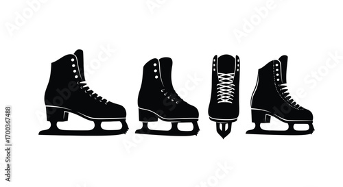 Set of black ice skates in various side and front views isolated on white vector