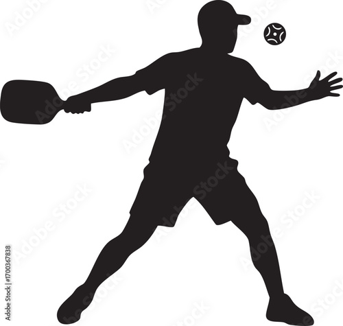 Cartoon man playing pickleball with paddle and ball. Vector illustration for concepts related to modern sports, outdoor activities, healthy lifestyle, or recreational fitness