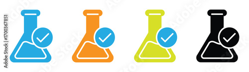 Vector art of a set of four laboratory flasks, each filled with a different colored liquid and marked with a check mark, the flasks are blue, orange, yellow, and black