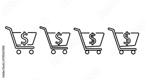 Row of four shopping carts with dollar signs symbolizing online shopping and commerce vector