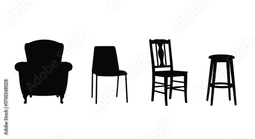Collection of silhouetted chairs and stool displayed on for interior design vector