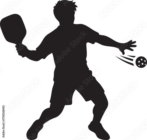 Cartoon man playing pickleball with paddle and ball. Vector illustration for concepts related to modern sports, outdoor activities, healthy lifestyle, or recreational fitness