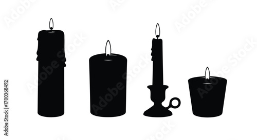 Four black candles silhouettes burning flame flickering light isolated object set vector