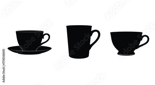 Three black silhouettes of coffee cups and saucer isolated on white for beverage and cafe concepts vector