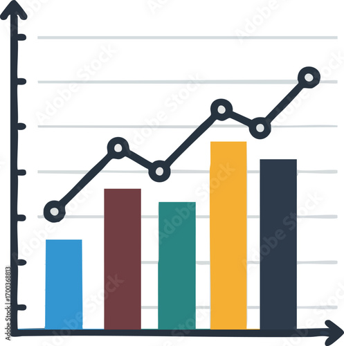 Rising bar graph and line graph showing progress with an upward trend