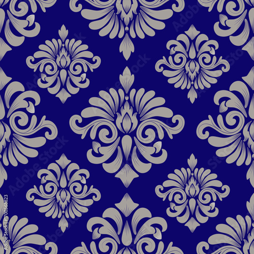 Damask seamless floral pattern, gray and dark blue color, vintage design, vector illustration elegant for textile, wall paper, bedding, carpet, curtains, cushion cover, upholstery fabric, wrapping, 