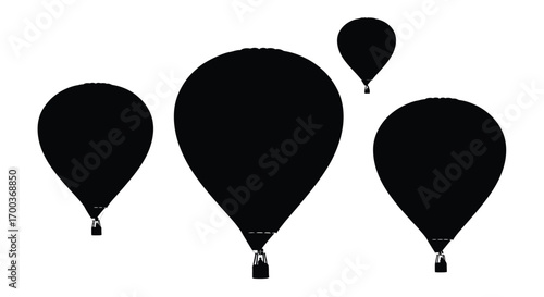 Group of four silhouetted hot air balloons ascending in open sky vector