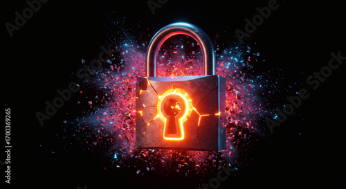 Conceptual illustration of a cracked padlock with neon glow, symbolizing security breach and data protection