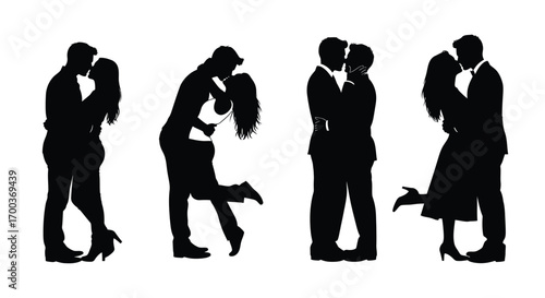 Romantic couple silhouettes embracing kissing in various intimate poses vector