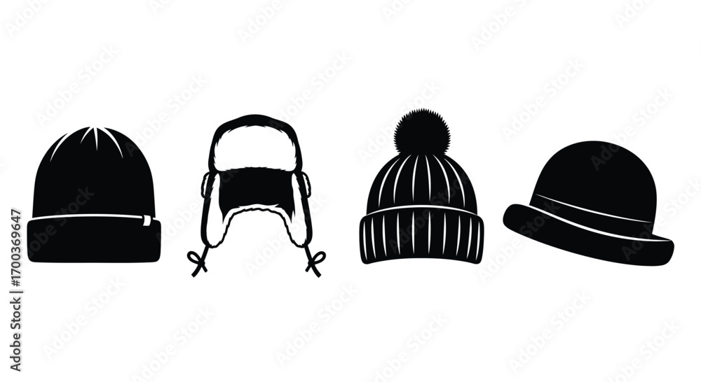Fototapeta premium Collection of four distinct winter hats and beanies in silhouette style vector