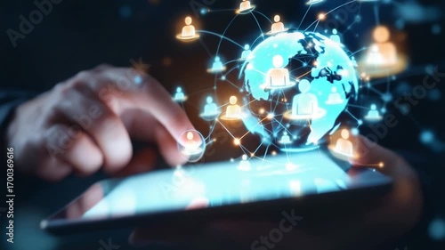 Global connections and digital networks visualized on a tablet screen, showcasing interconnectedness through technology