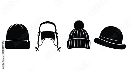 Collection of four distinct winter hats and beanies in silhouette style vector