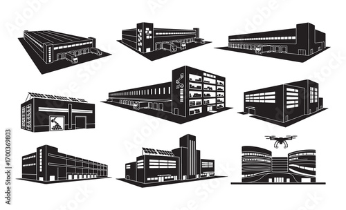 Modern commercial building silhouettes collection for architectural and business designs