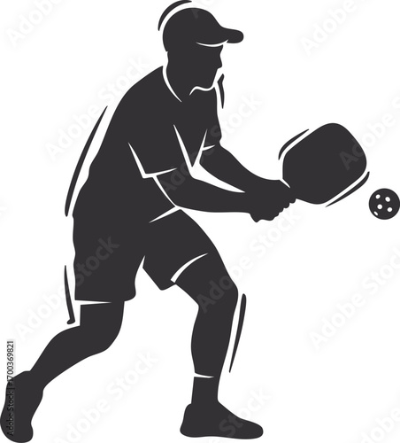 Cartoon man playing pickleball with paddle and ball. Vector illustration for concepts related to modern sports, outdoor activities, healthy lifestyle, or recreational fitness