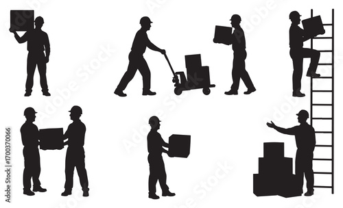 Collection of silhouettes representing moving and delivery workers with boxes and ladders